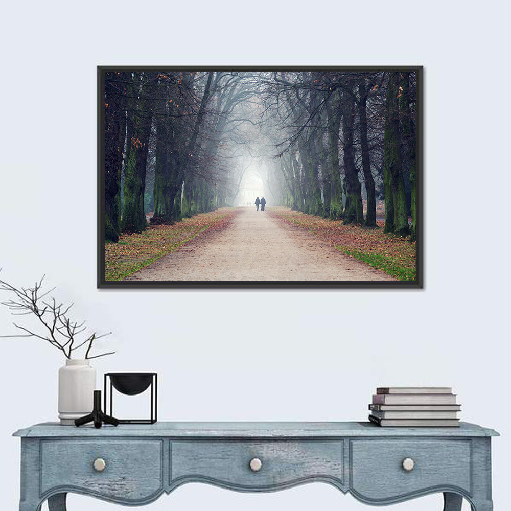 Foggy Tree Lined Walkway in Autumn Wall Art in a room, landscape