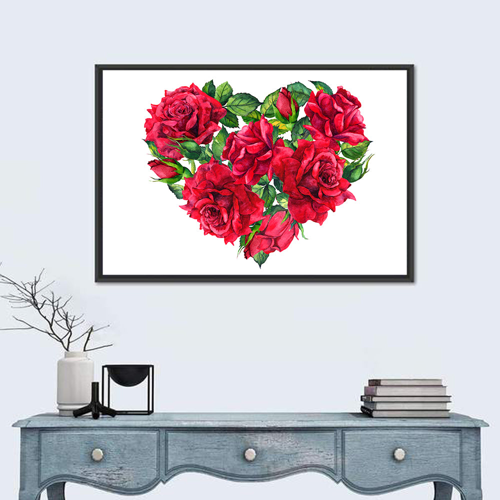 Watercolor Rose Heart Wall Art in a room, landscape