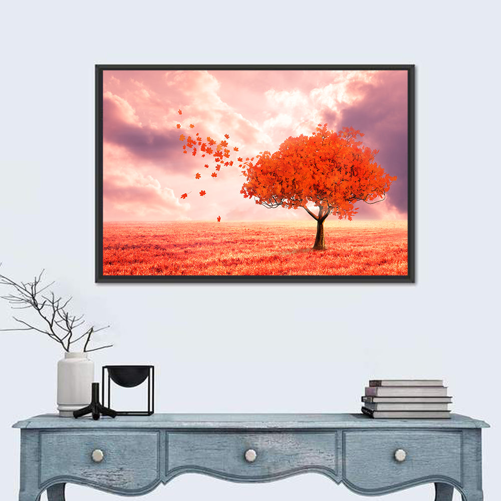 Windblown Red Autumn Tree Wall Art in a room, landscape