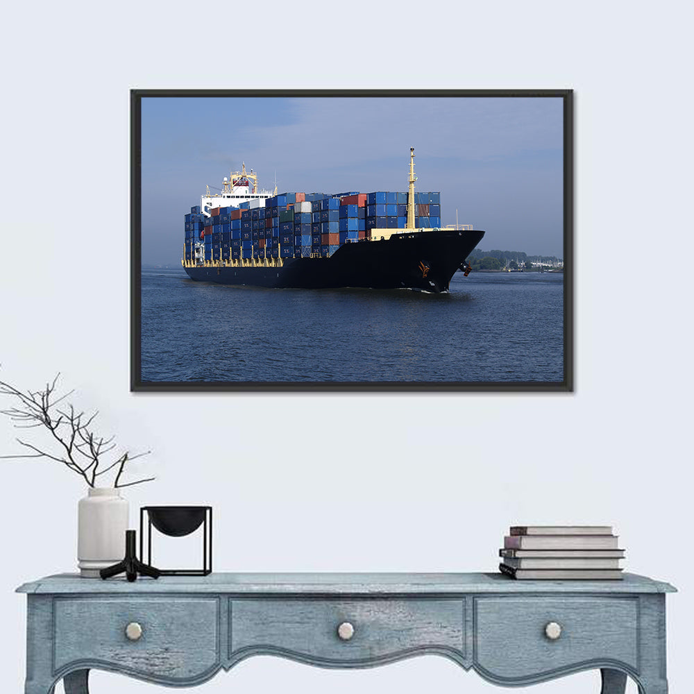 Container Ship in Motion Wall Art in a room, landscape