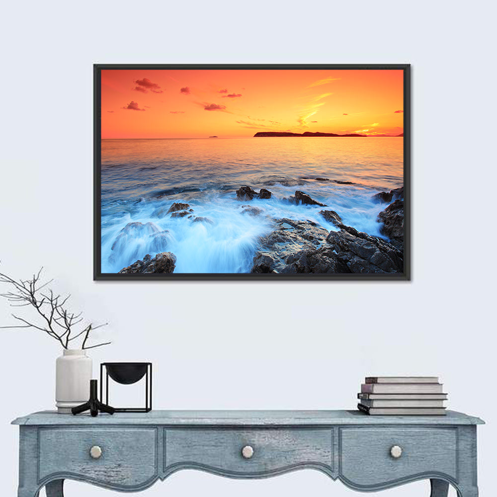 Dubrovnik Sunset Over Rocky Shore Wall Art in a room, landscape