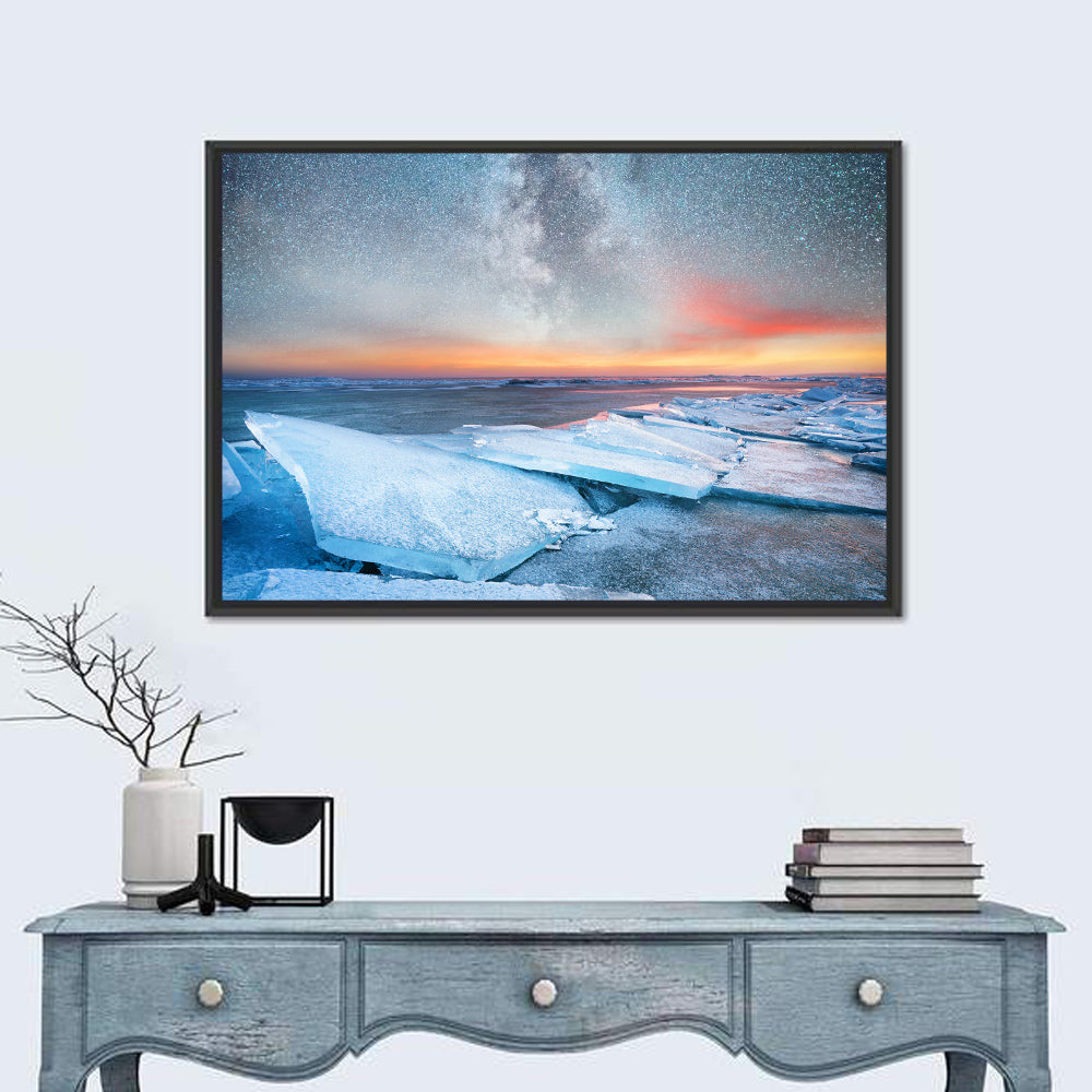 Milky Way Over Frozen Shore Wall Art in a room, landscape