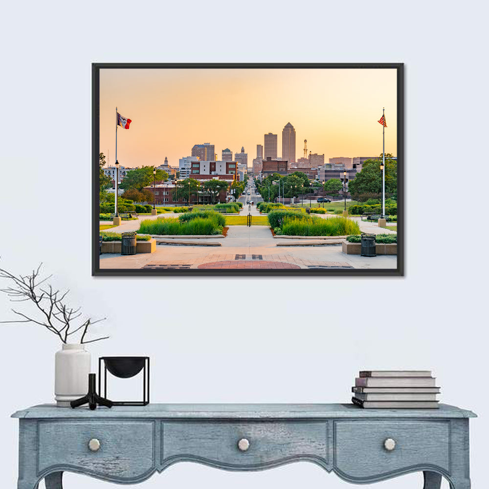 Des Moines Golden Hour Skyline Wall Art in a room, landscape