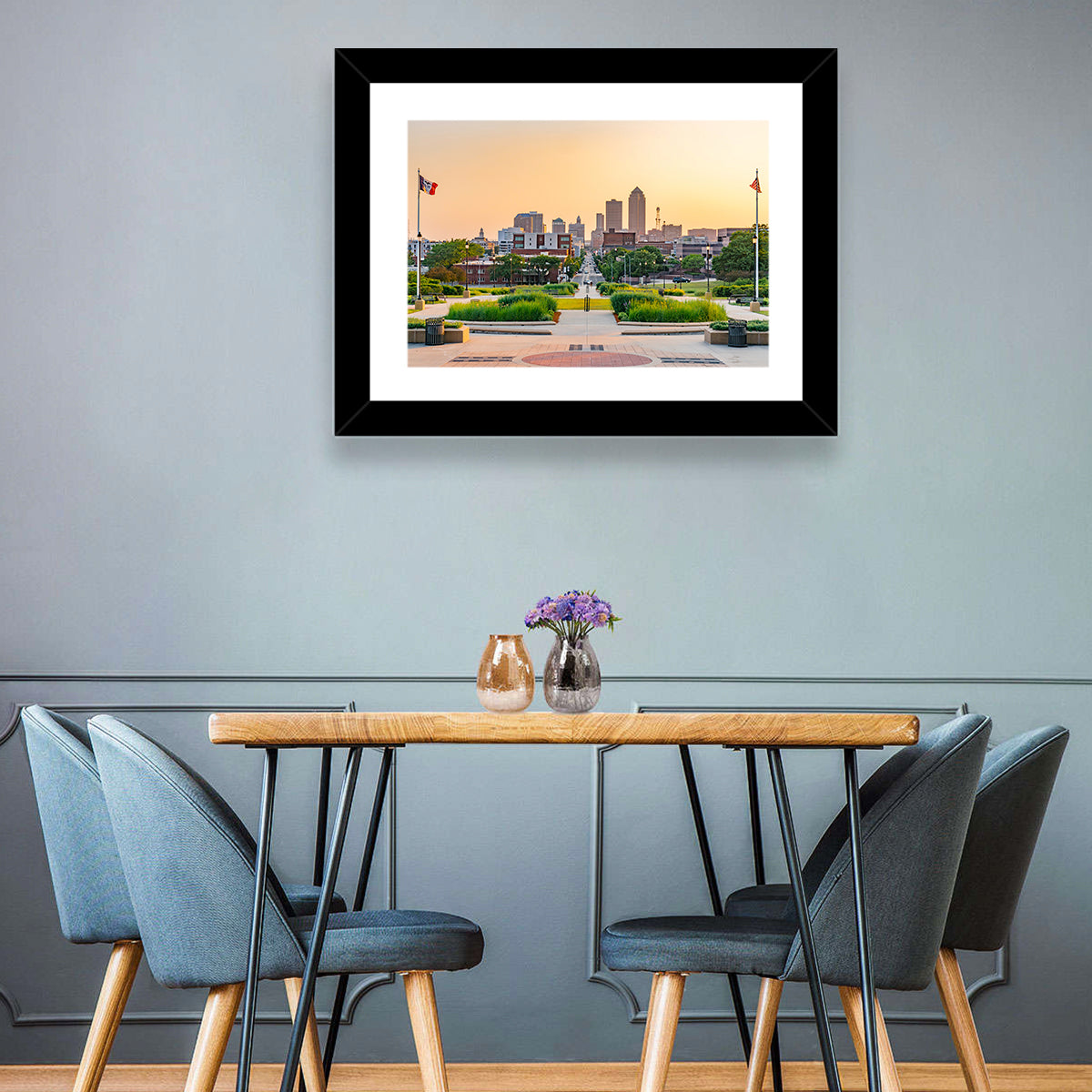 Des Moines Golden Hour Skyline Wall Art in a room, landscape