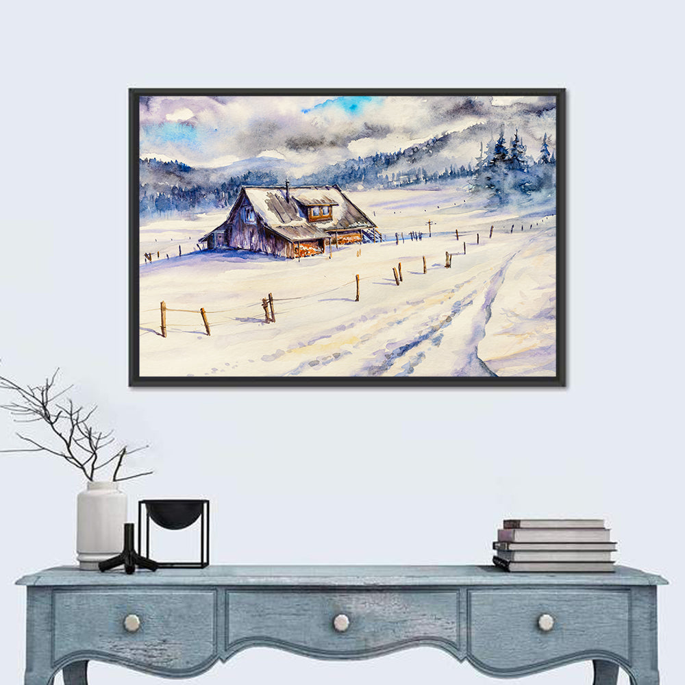 Snowy Mountain Cabin Landscape Wall Art in a room, landscape