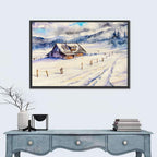 Snowy Mountain Cabin Landscape Wall Art
