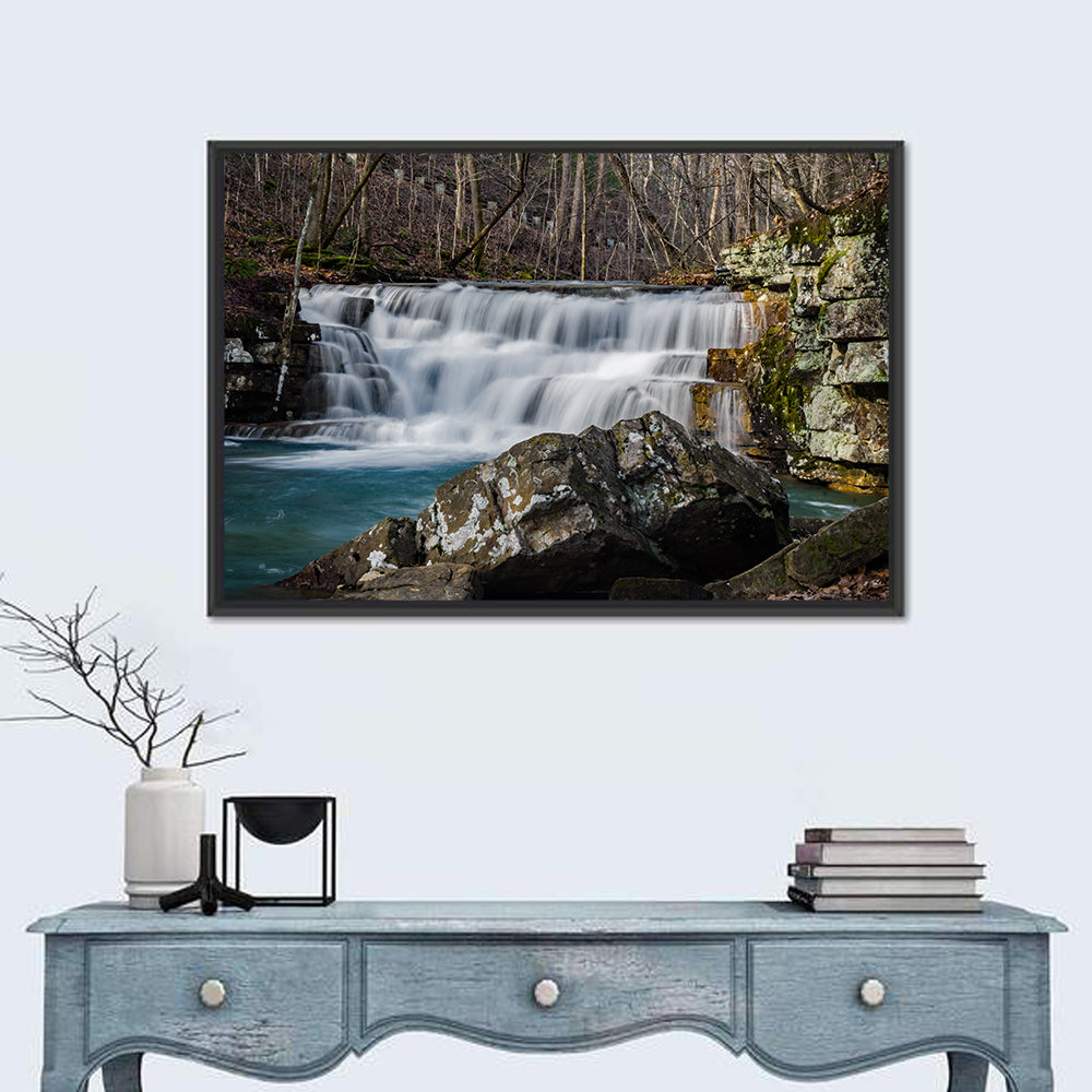 Fenwick Mines Mossy Rock Waterfall Wall Art in a room, landscape
