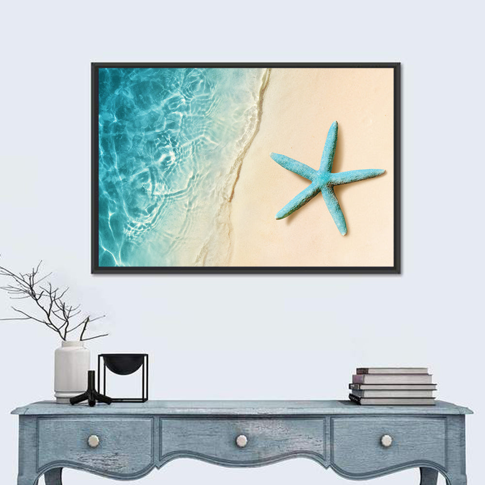 Blue Starfish on Sandy Beach Wall Art in a room, landscape