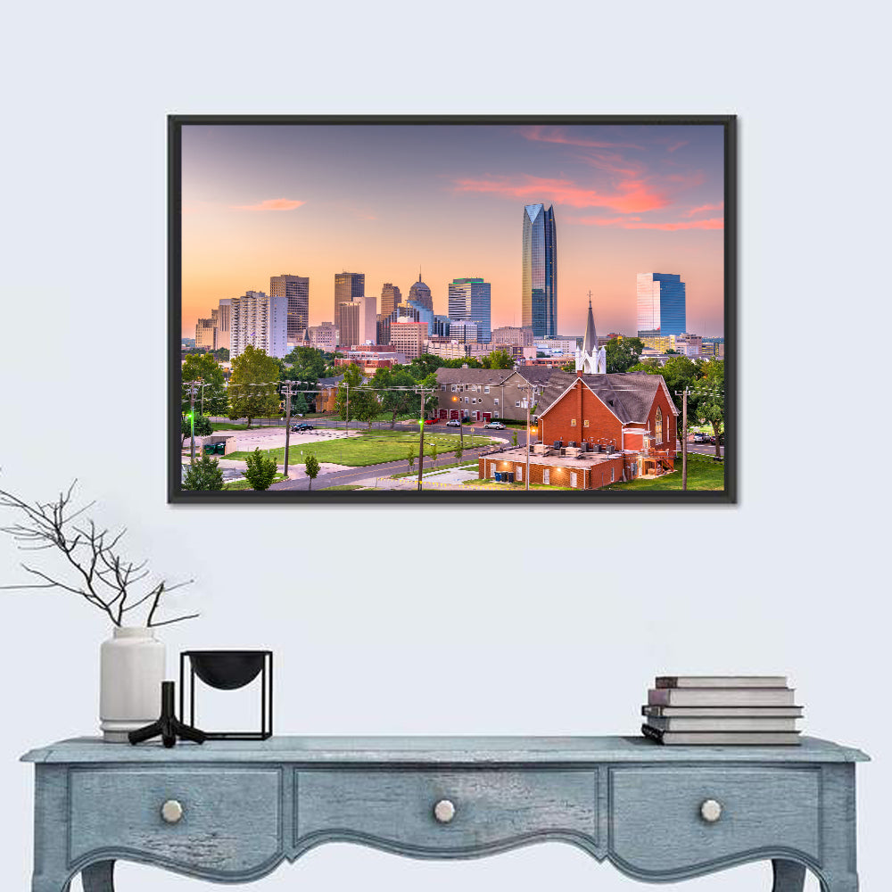 Oklahoma City Golden Hour Skyline Wall Art in a room, landscape