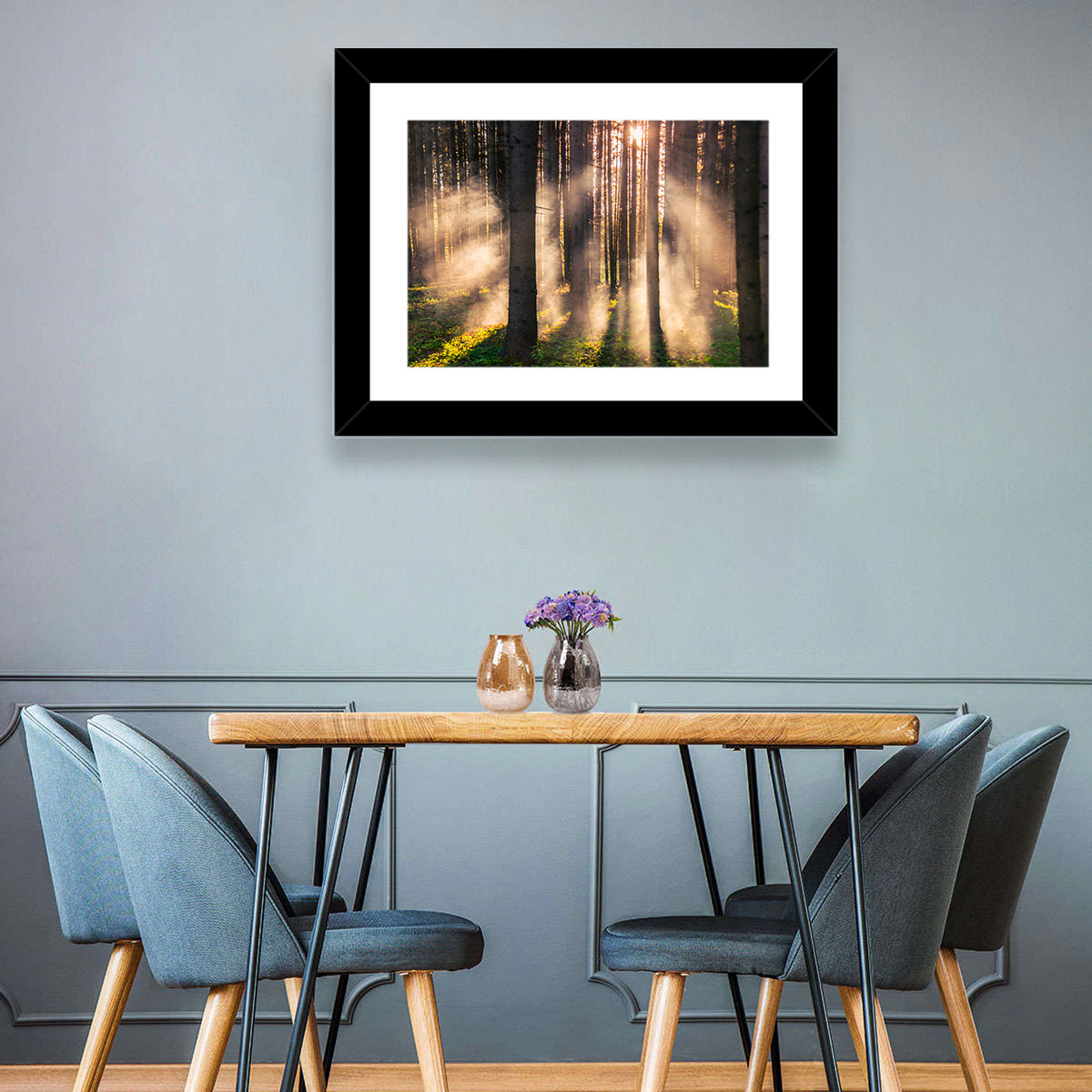 Sunrise Through Misty Forest Wall Art in a room, landscape