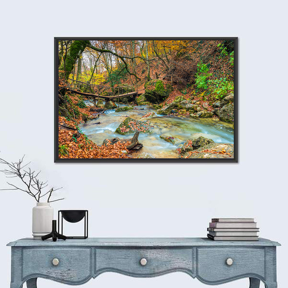 Mossy Footbridge in Autumn Forest Wall Art in a room, landscape