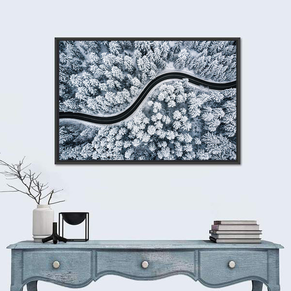 S-curve Winter Forest Road Wall Art in a room, landscape