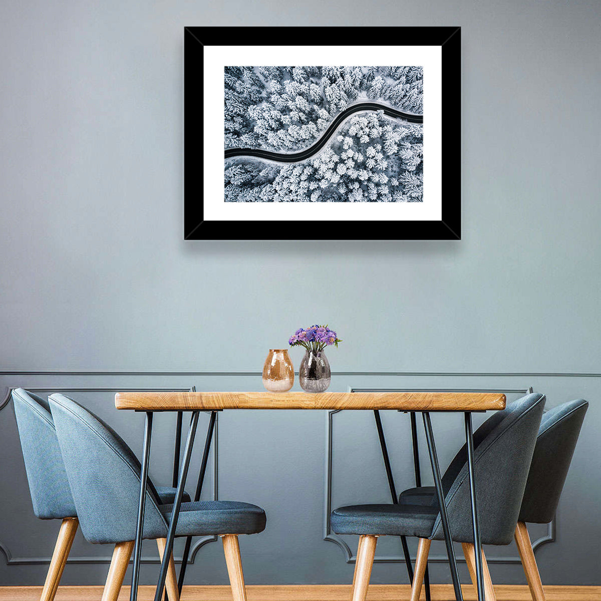 S-curve Winter Forest Road Wall Art in a room, landscape