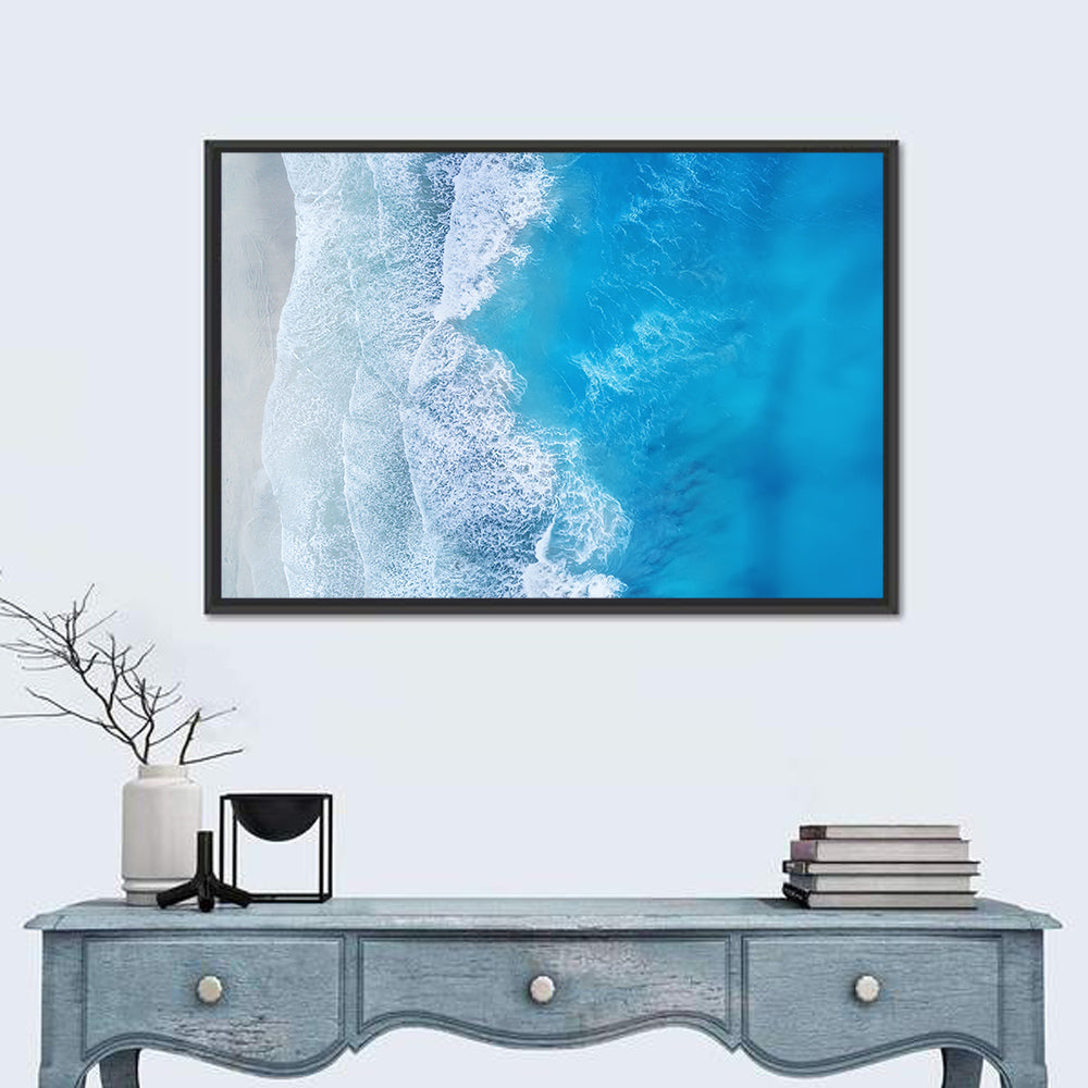 Aerial Turquoise Beach Waves Wall Art in a room, landscape