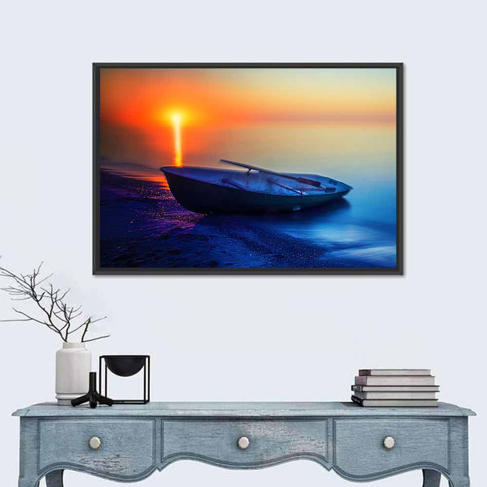 Rowboat on Sandy Shore at Sunset Wall Art in a room, landscape