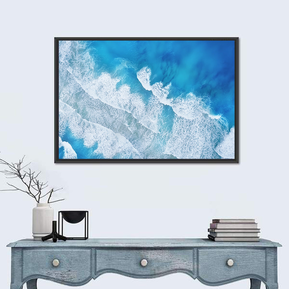 Aerial Turquoise Waves Wall Art in a room, landscape