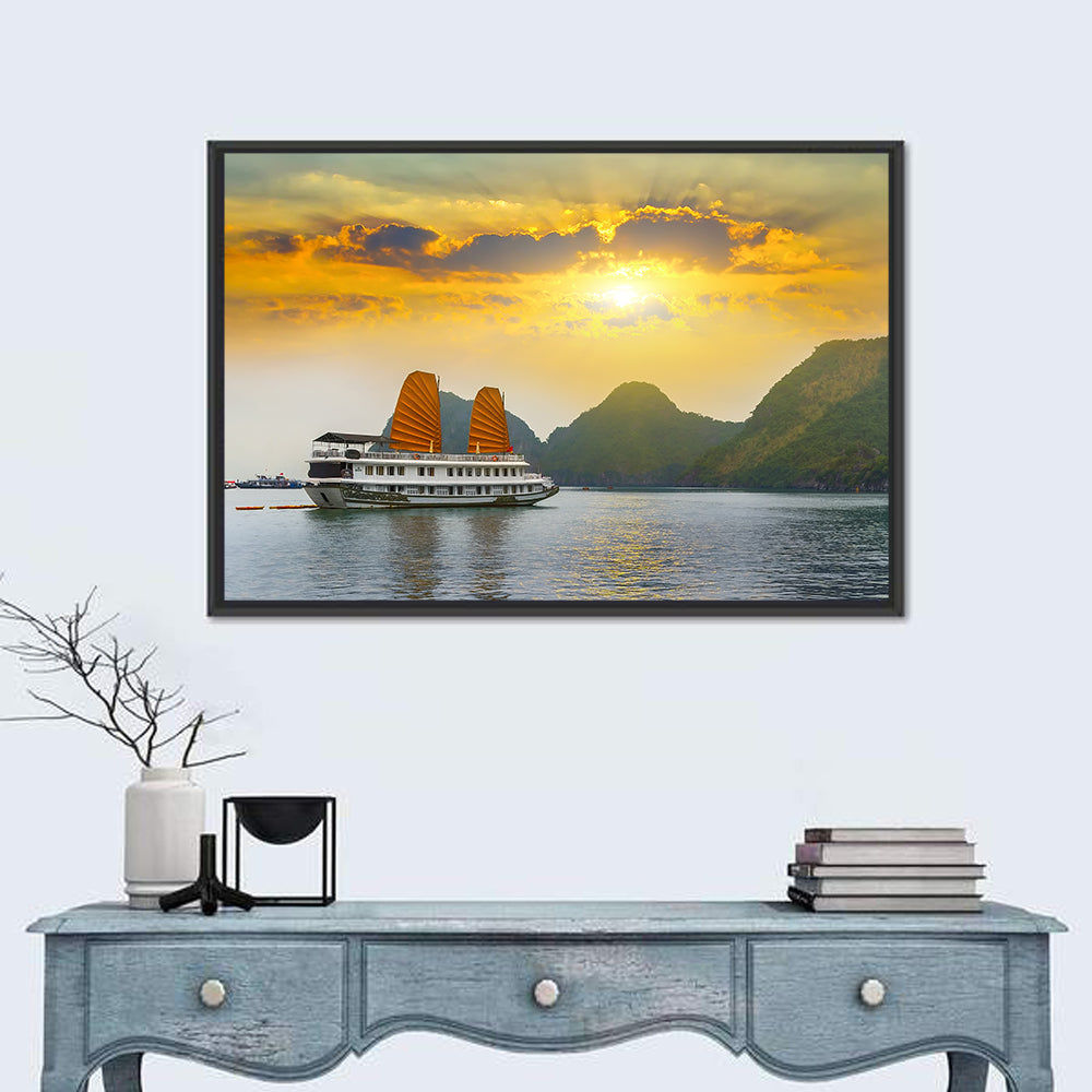 Ha Long Bay Sunset with Orange Sails Wall Art