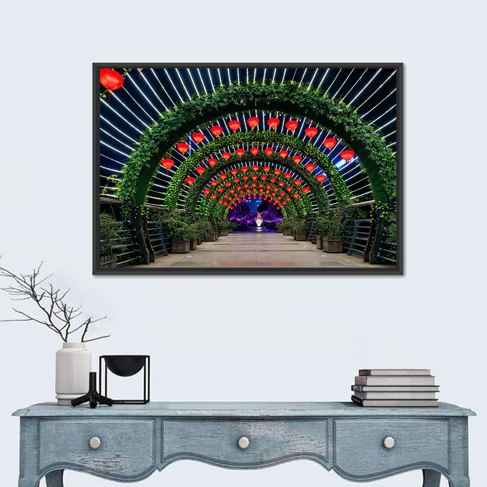 Red Lantern Trellis Tunnel Wall Art in a room, landscape