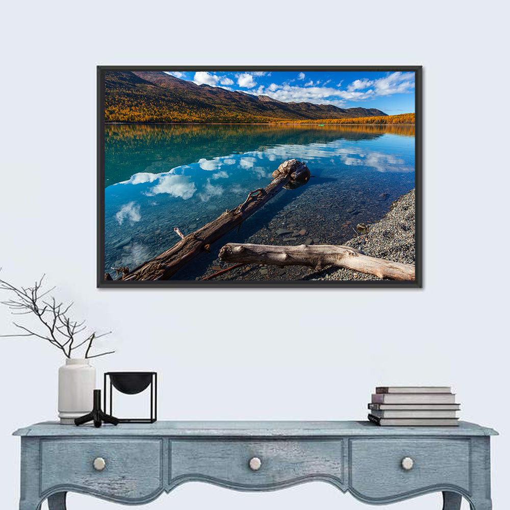 Autumn Driftwood at Eklutna Lake Wall Art in a room, landscape