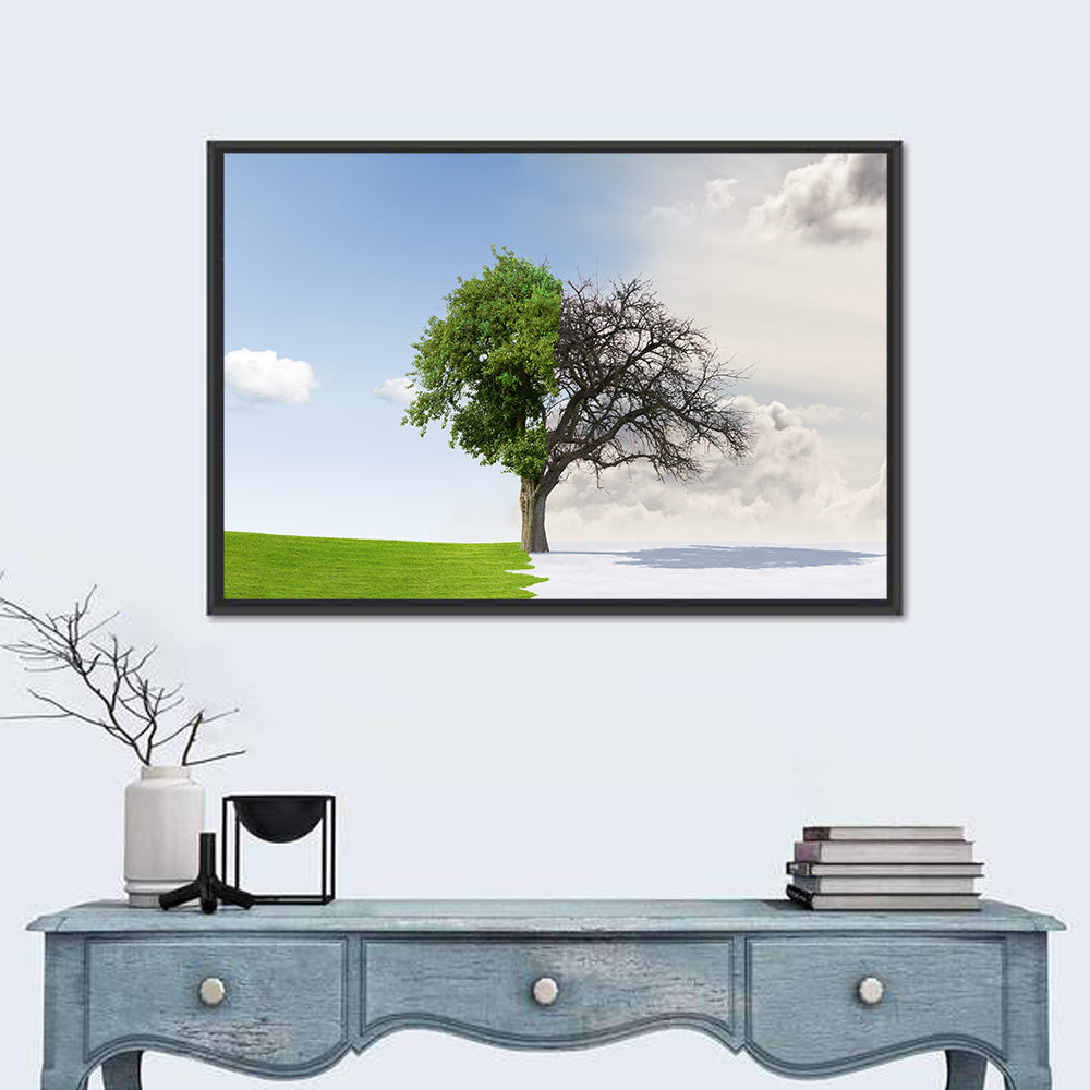 Summer to Winter Split Tree Wall Art in a room, landscape