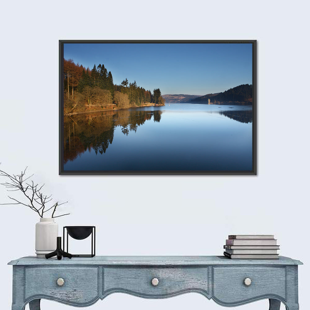 Lake Vyrnwy Golden Hour Reflection Wall Art in a room, landscape