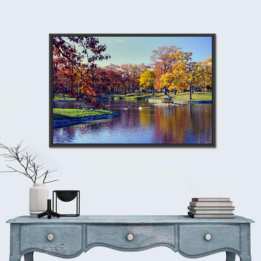 Deering Oaks Autumn Pond Wall Art in a room, landscape