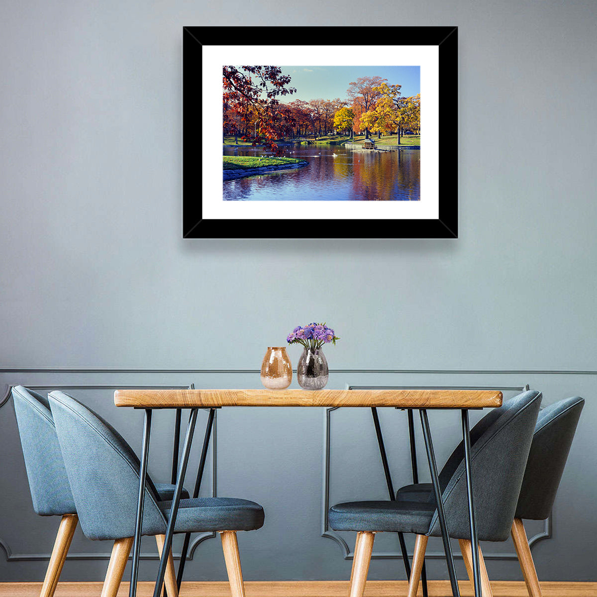 Deering Oaks Autumn Pond Wall Art in a room, landscape