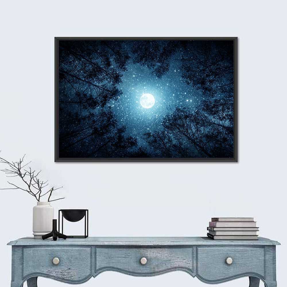 Full Moon Over Forest Wall Art in a room, landscape