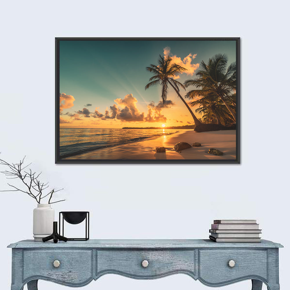 Golden Hour Palm Beach Sunset Wall Art in a room, landscape