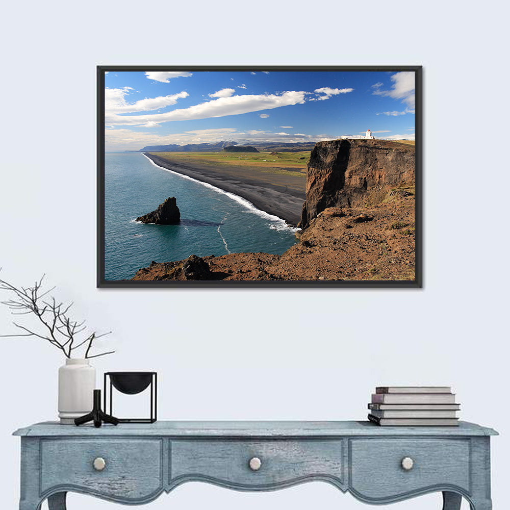 Dyrhólaey Black Sand Beach and Sea Stack Wall Art in a room, landscape