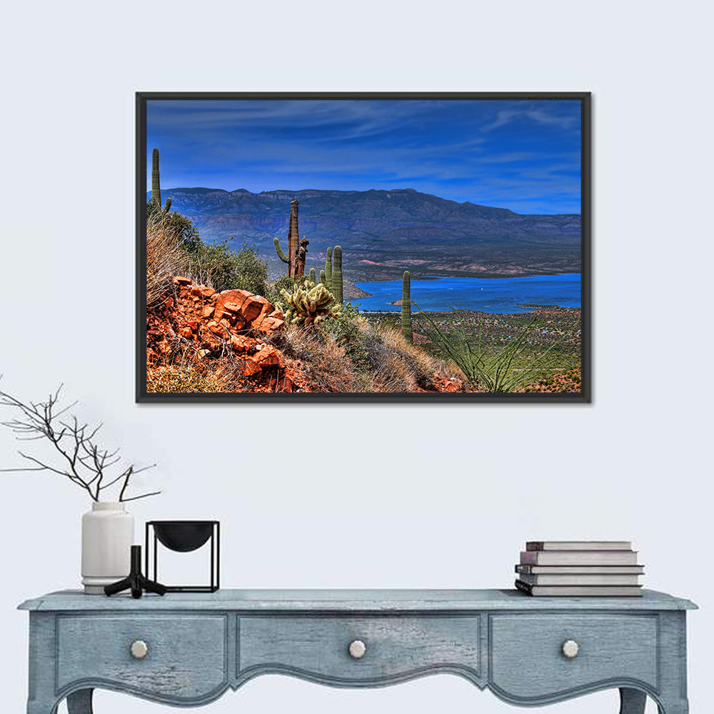 Roosevelt Lake Saguaro Vista Wall Art in a room, landscape