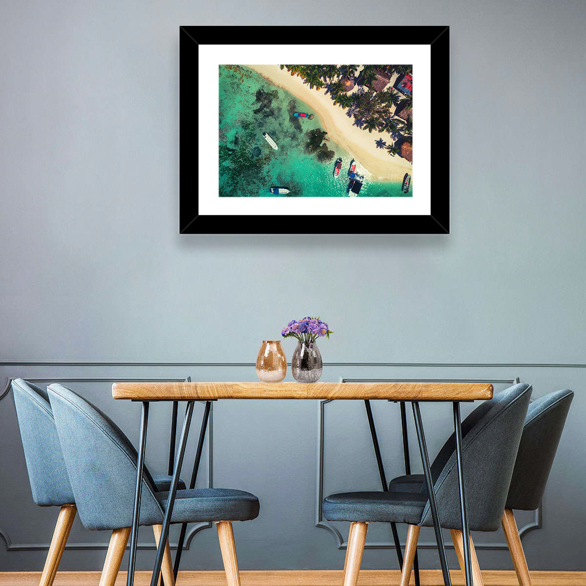 Aerial Tropical Shoreline with Six Boats Wall Art in a room, landscape