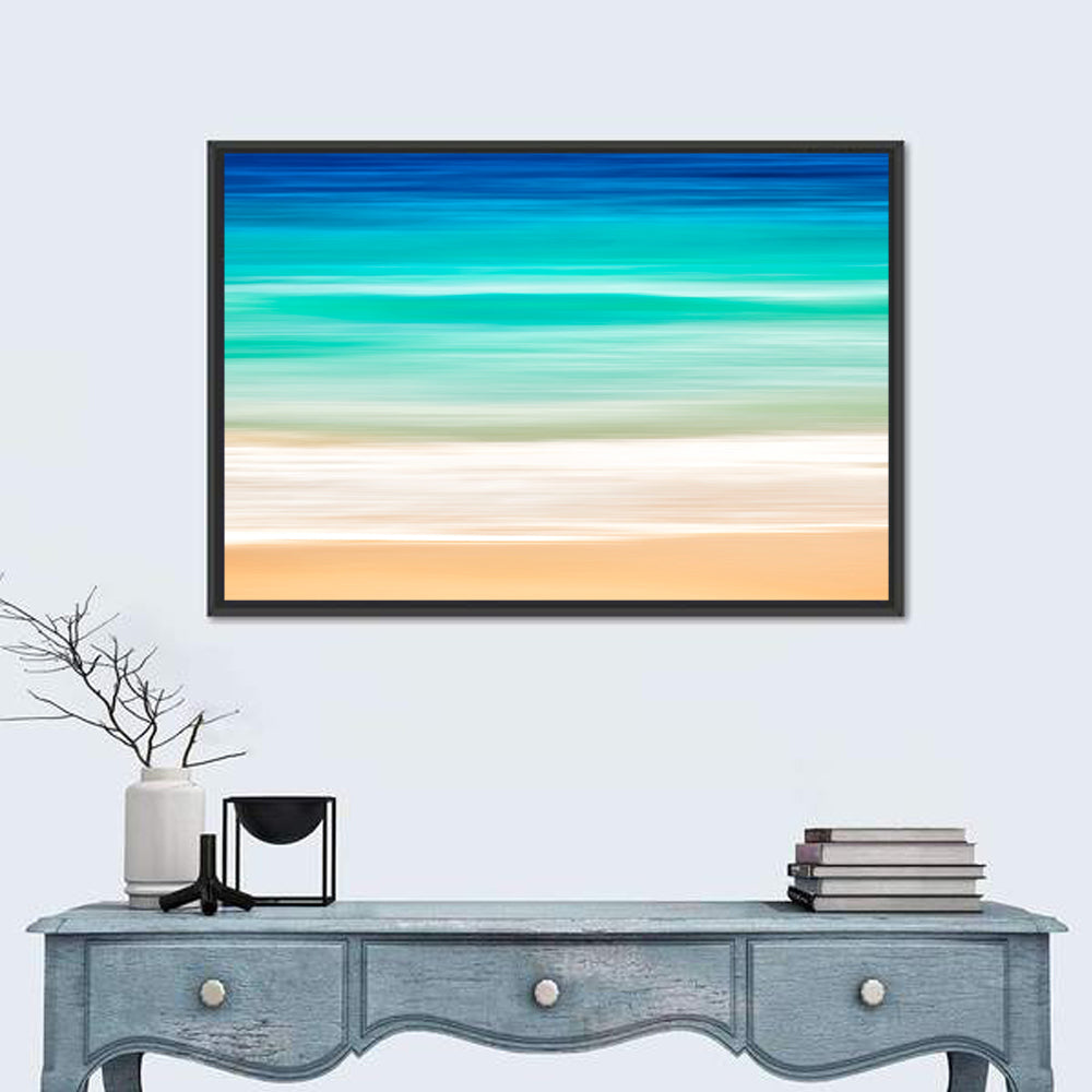 Layered Turquoise Seashore Abstract Wall Art in a room, landscape