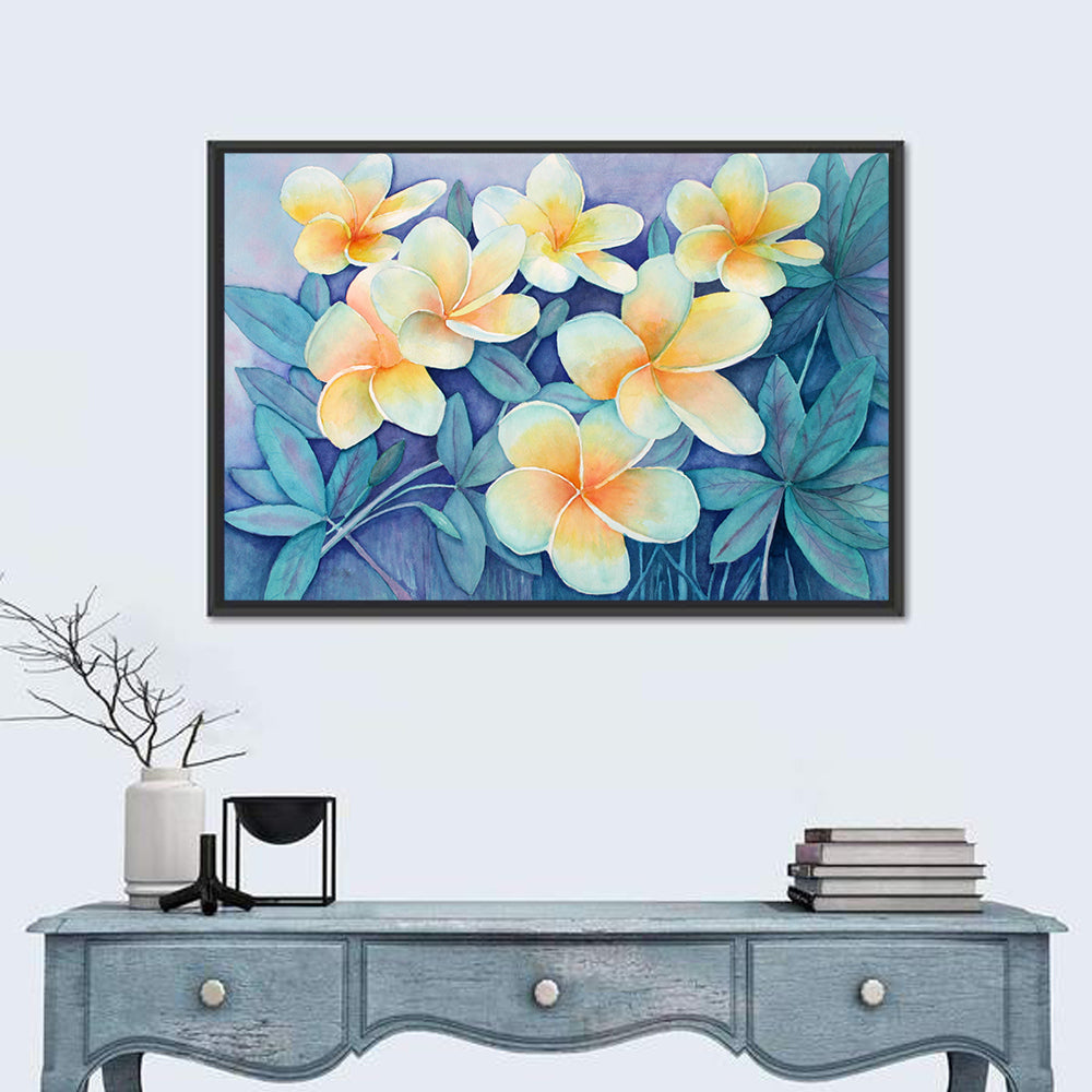 Watercolor Frangipani Cluster Wall Art in a room, landscape
