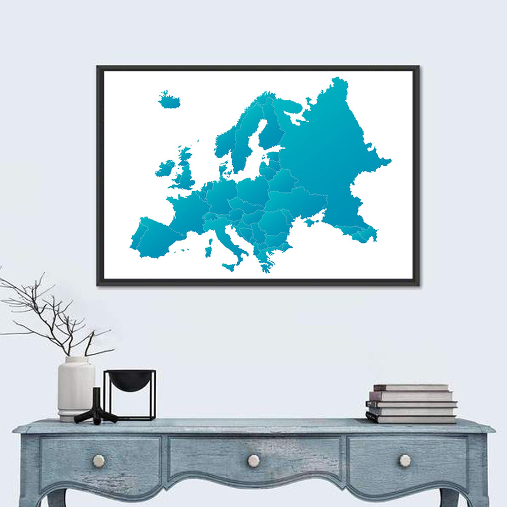 Teal Gradient Europe Map Wall Art in a room, landscape