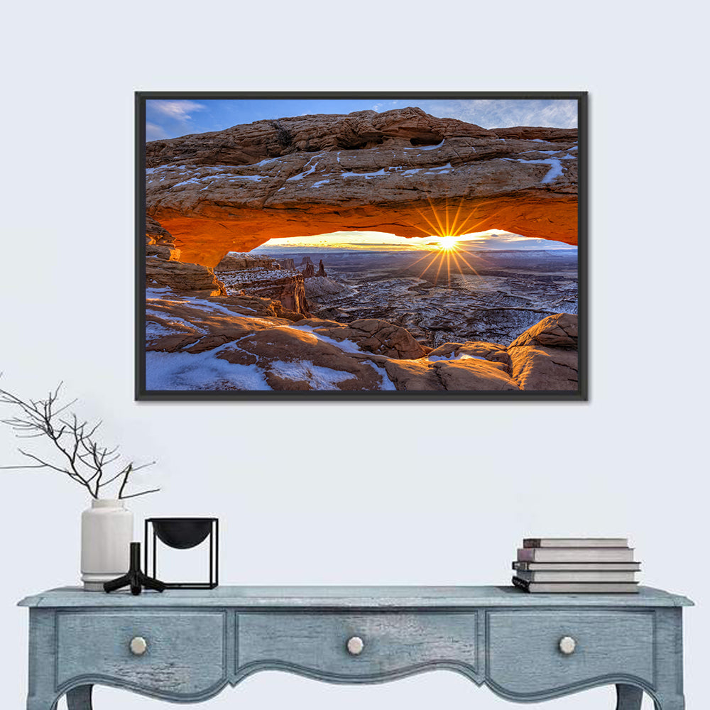 Sunrise at Mesa Arch Wall Art in a room, landscape