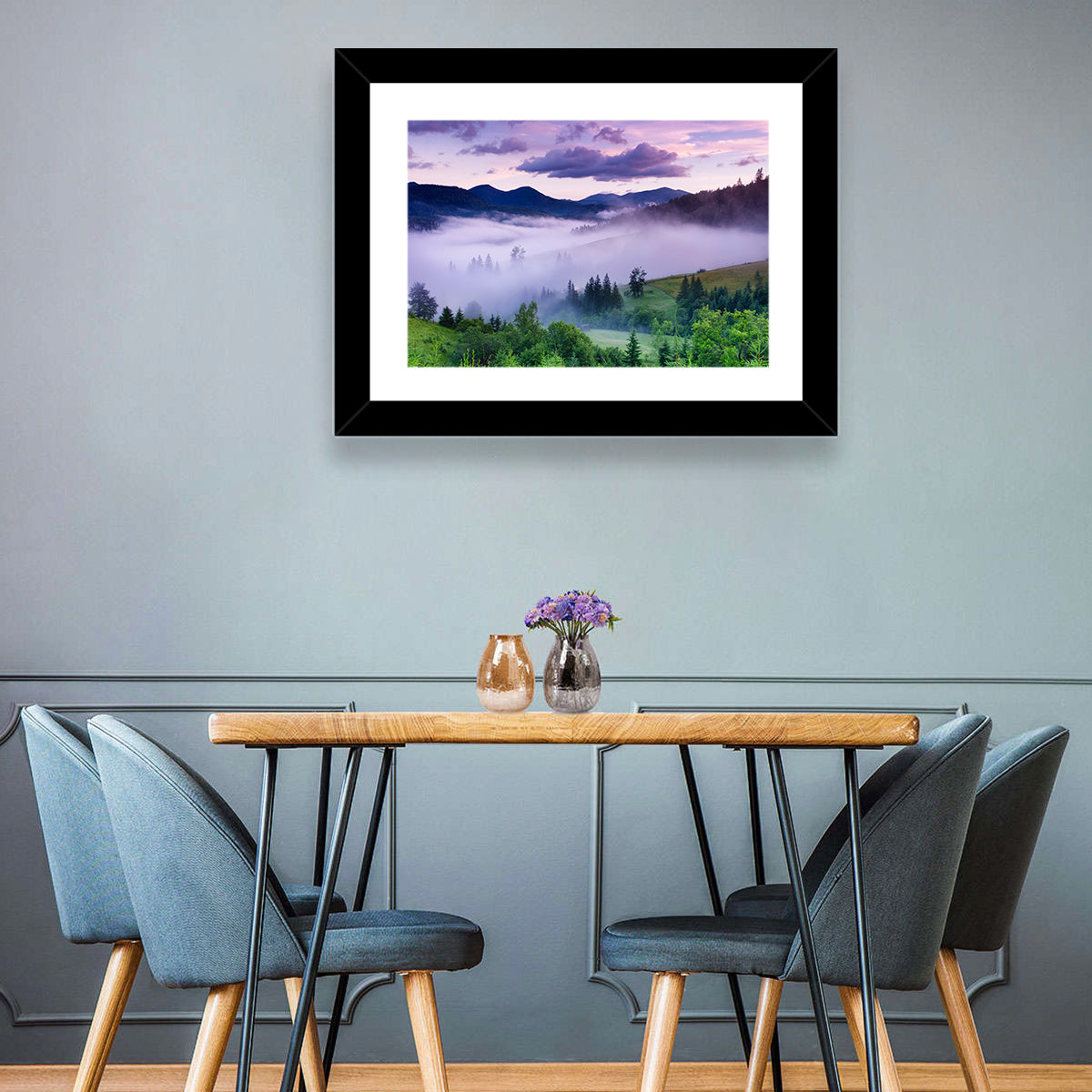Misty Mountain Valley at Twilight Wall Art in a room, landscape