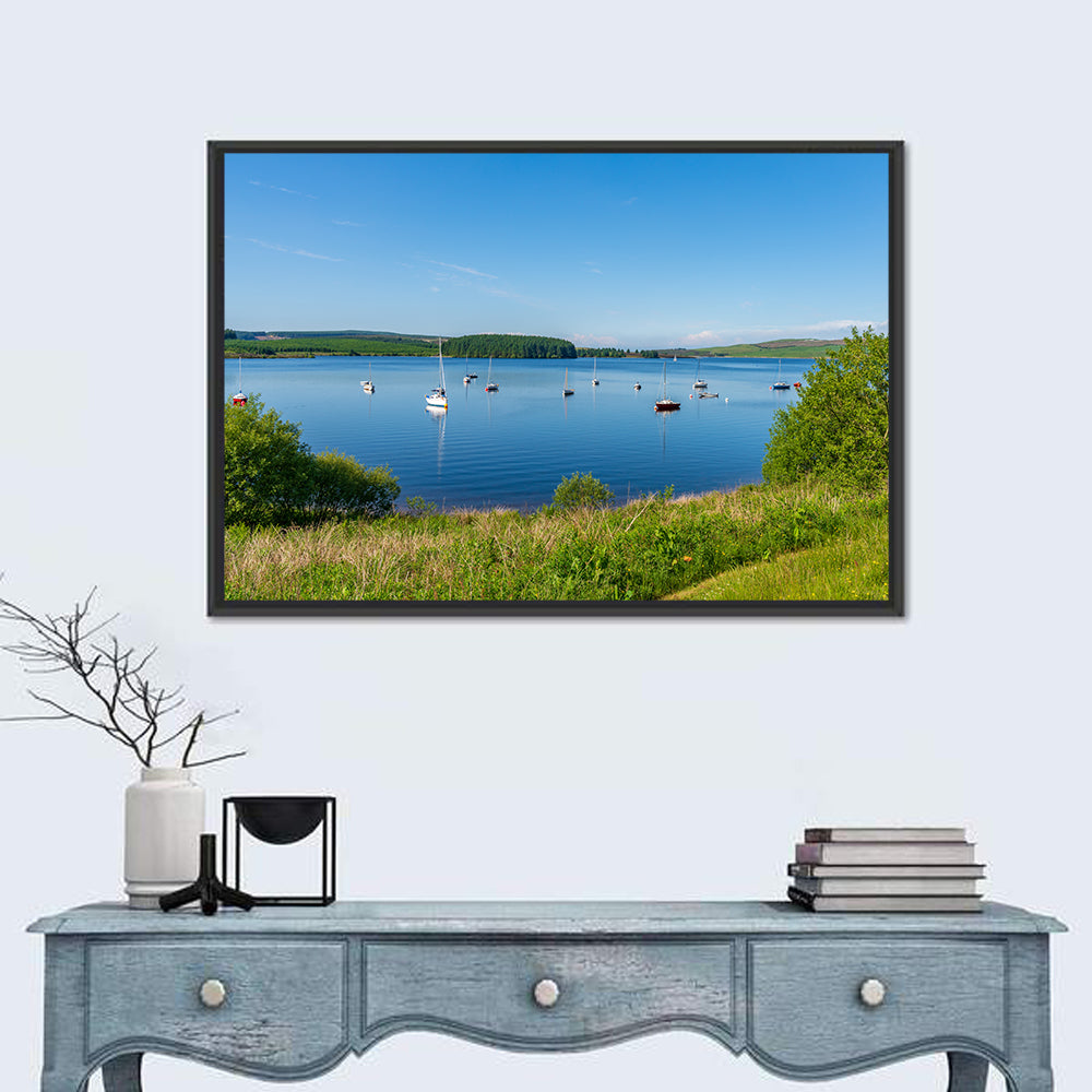 Anchored Sailboats at Llyn Brenig Wall Art in a room, landscape