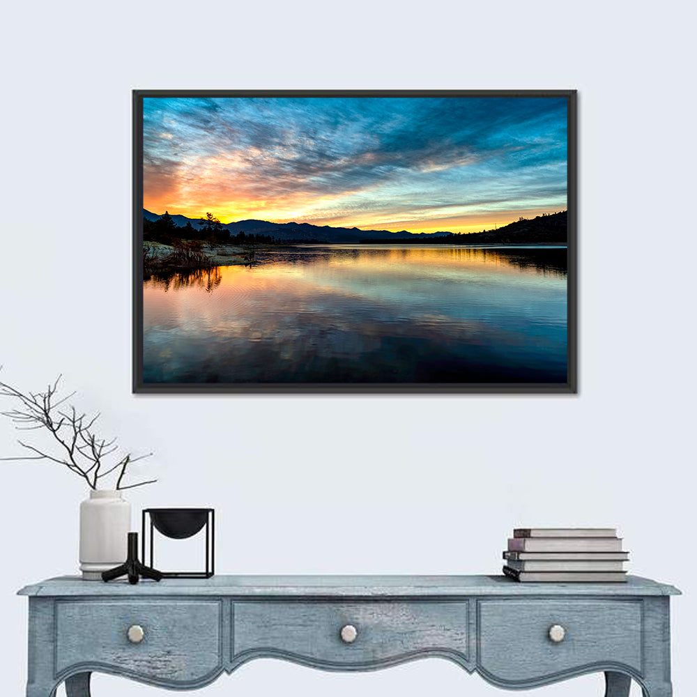 Lake Hemet Sunrise Reflection Wall Art in a room, landscape