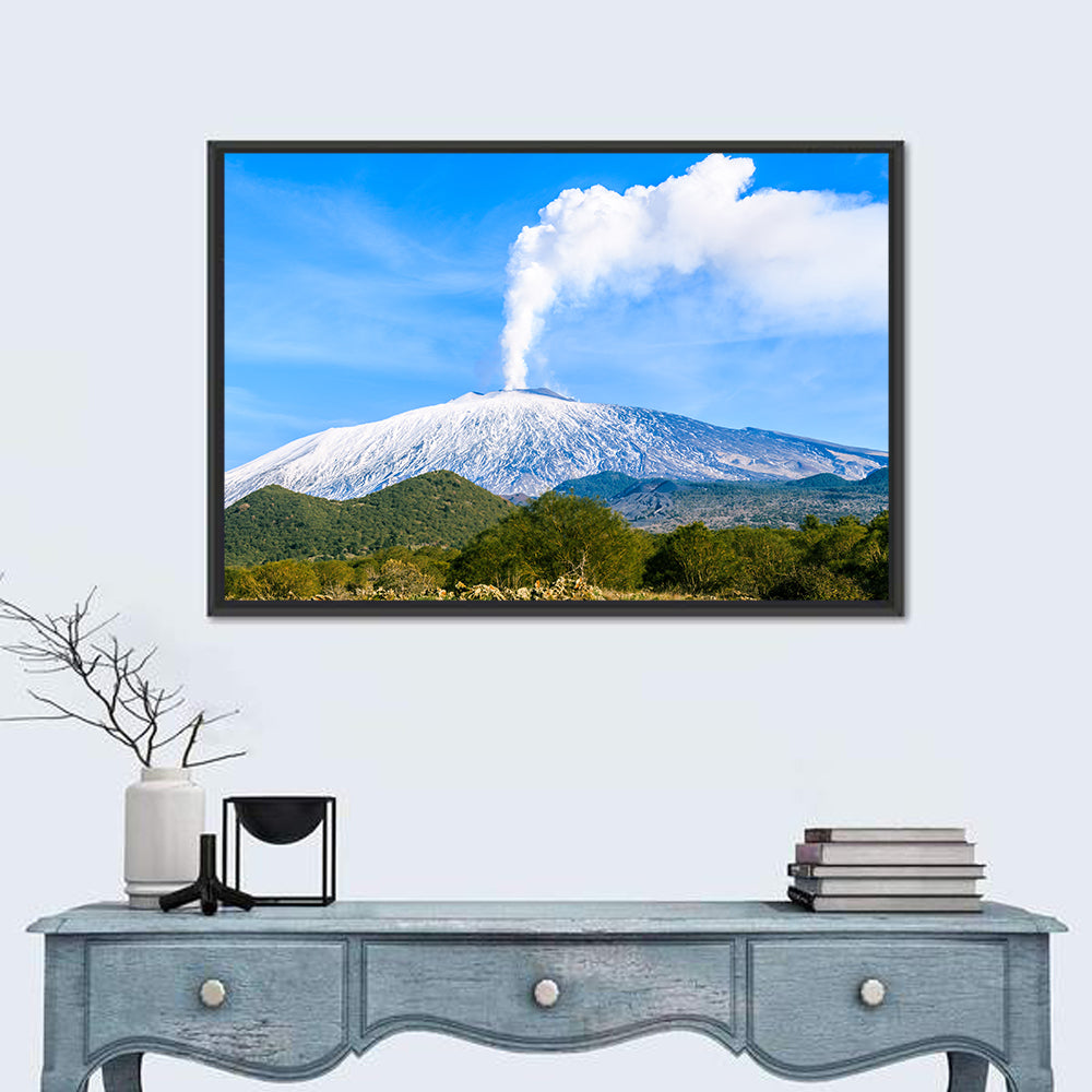 Snow-capped Mount Etna with Volcanic Plume Wall Art