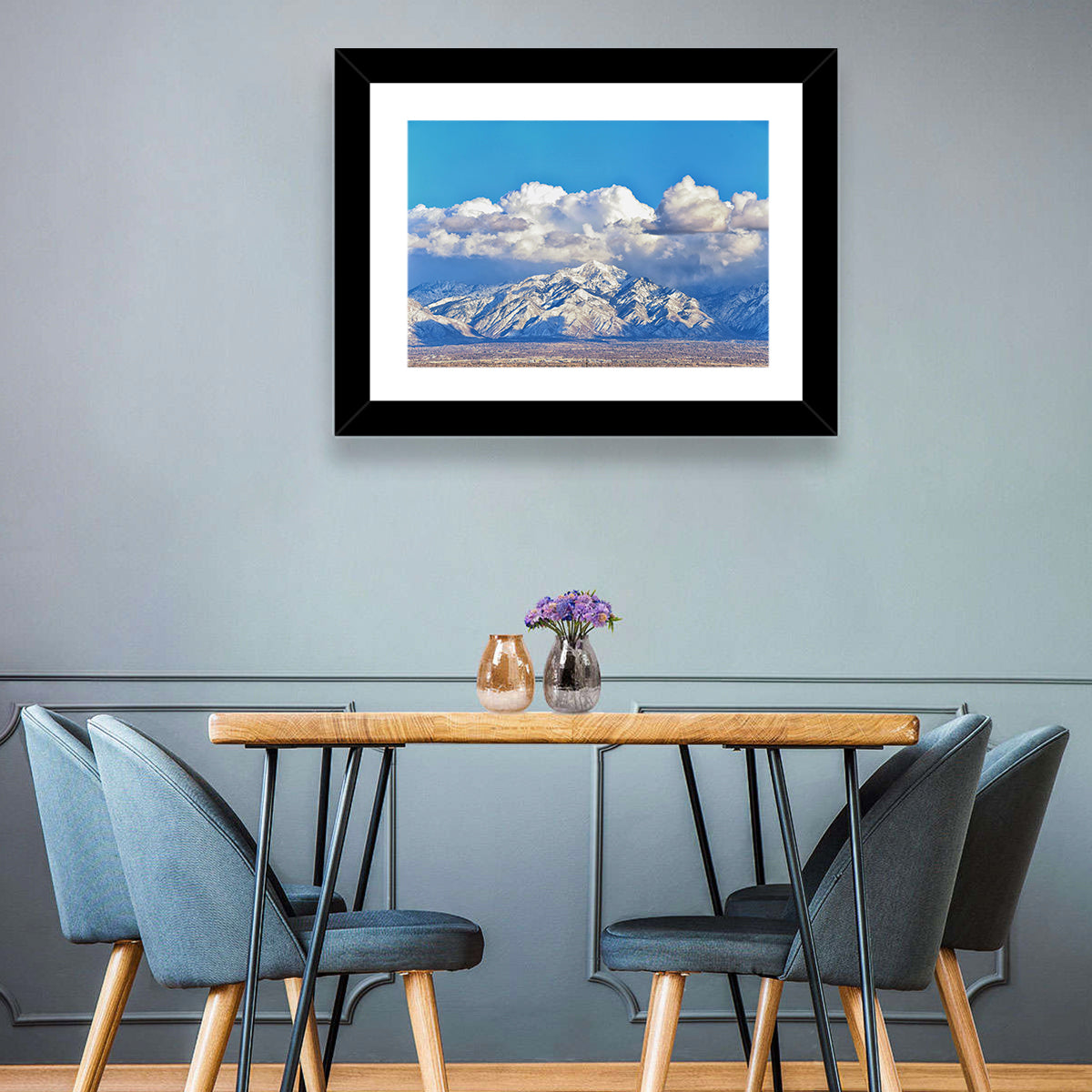 Wasatch Snow Capped Peaks Wall Art in a room, landscape