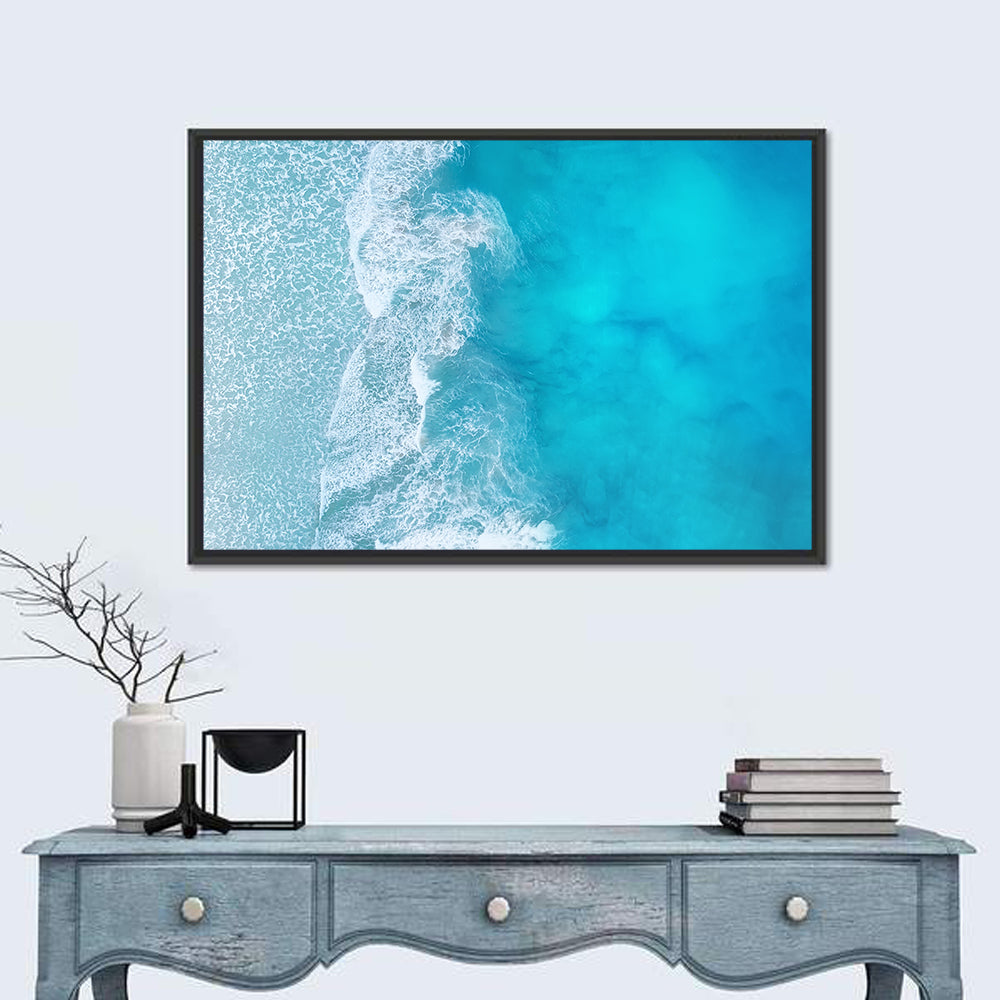 Turquoise Aerial Ocean Waves Wall Art in a room, landscape