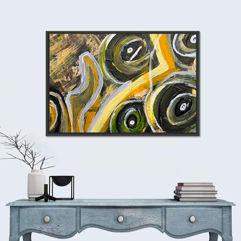 Impasto Swirl Circles in Yellow and Black Wall Art in a room, landscape