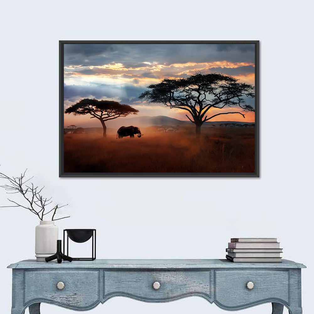 Savanna Elephant at Sunset Wall Art in a room, landscape