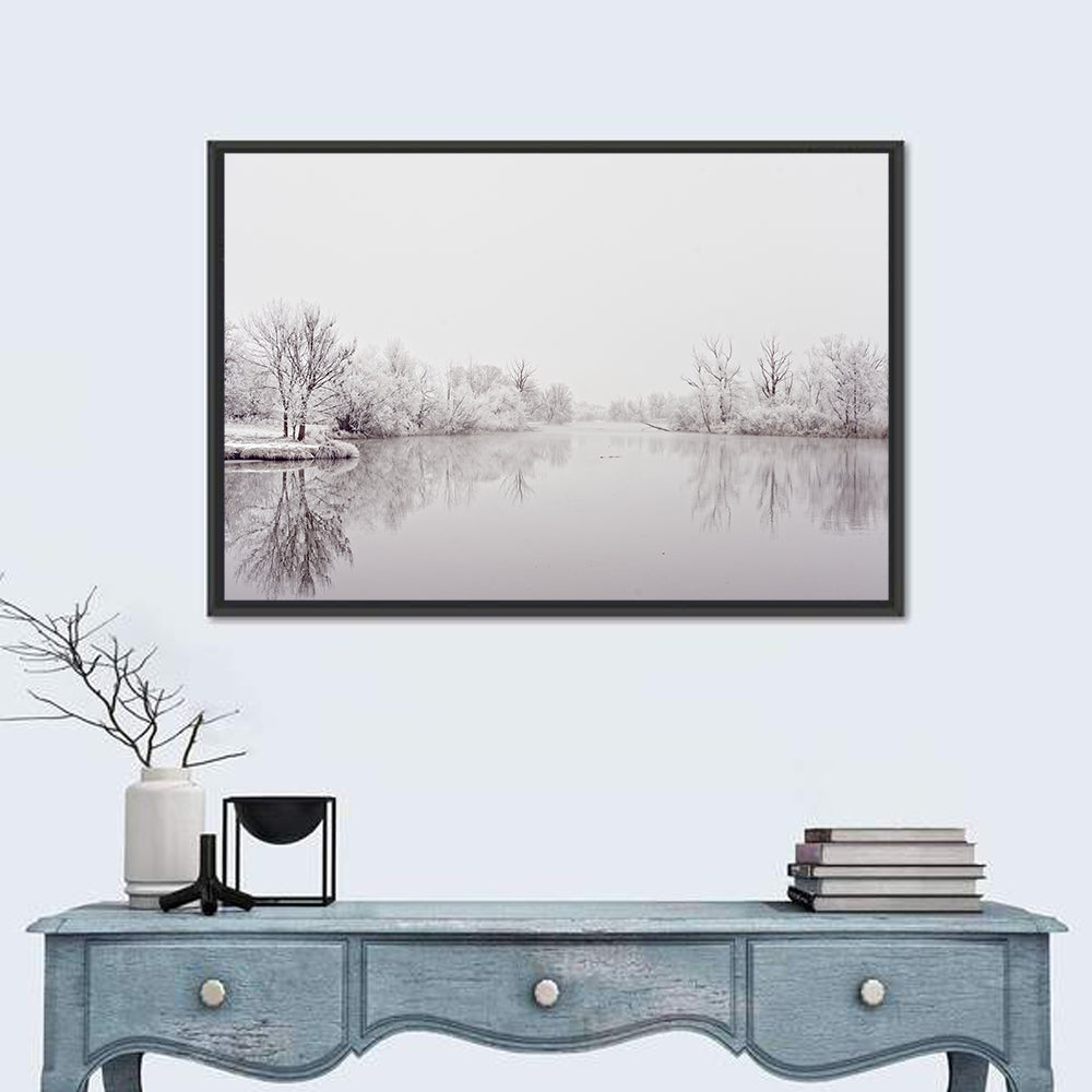 Frozen River Reflection in Winter Fog Wall Art in a room, landscape
