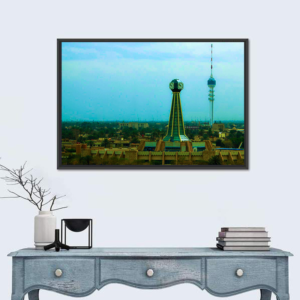 Baghdad Clock Tower Cityscape Wall Art in a room, landscape