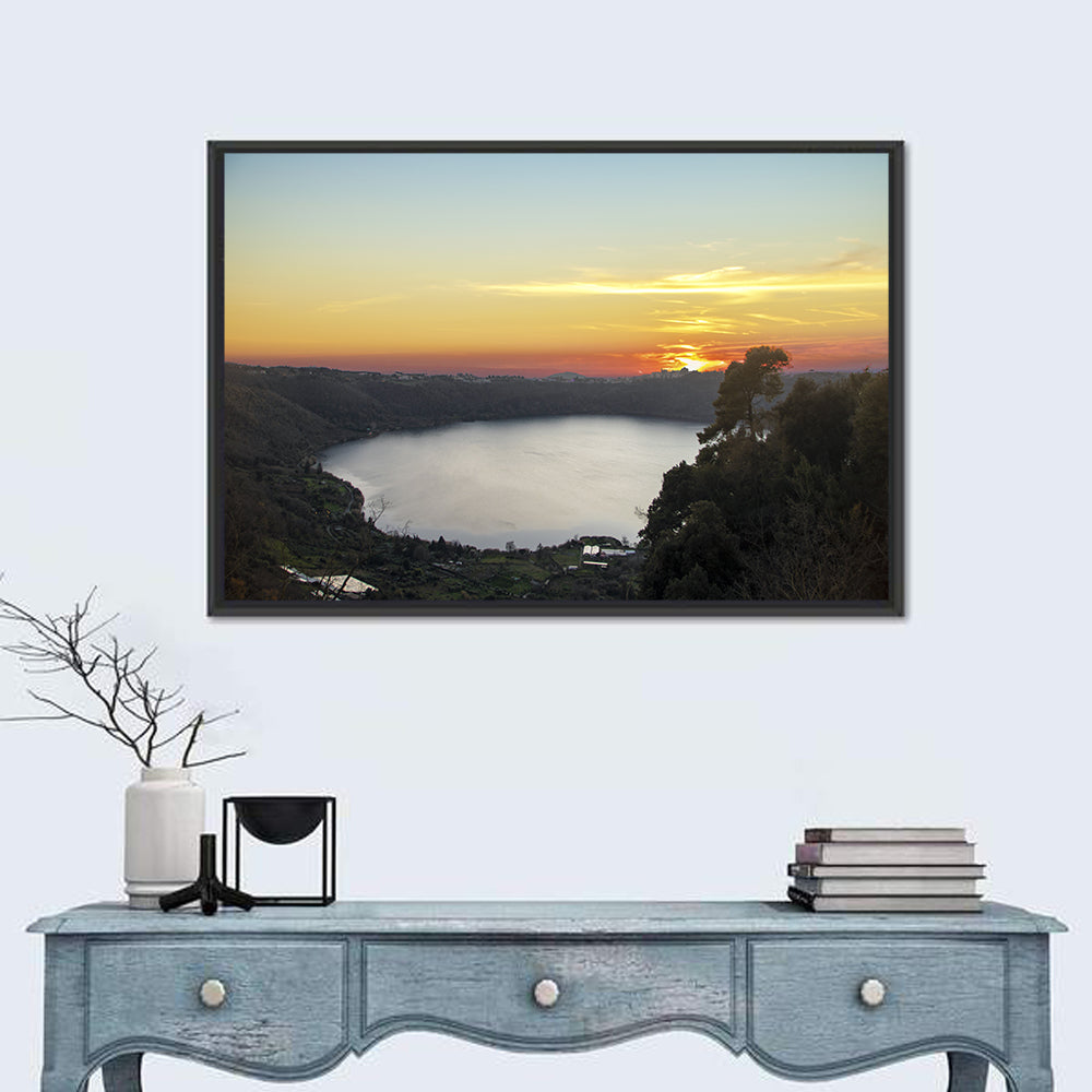 Lake Nemi Golden Sunset Wall Art in a room, landscape
