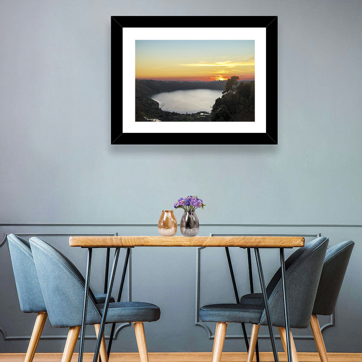 Lake Nemi Golden Sunset Wall Art in a room, landscape