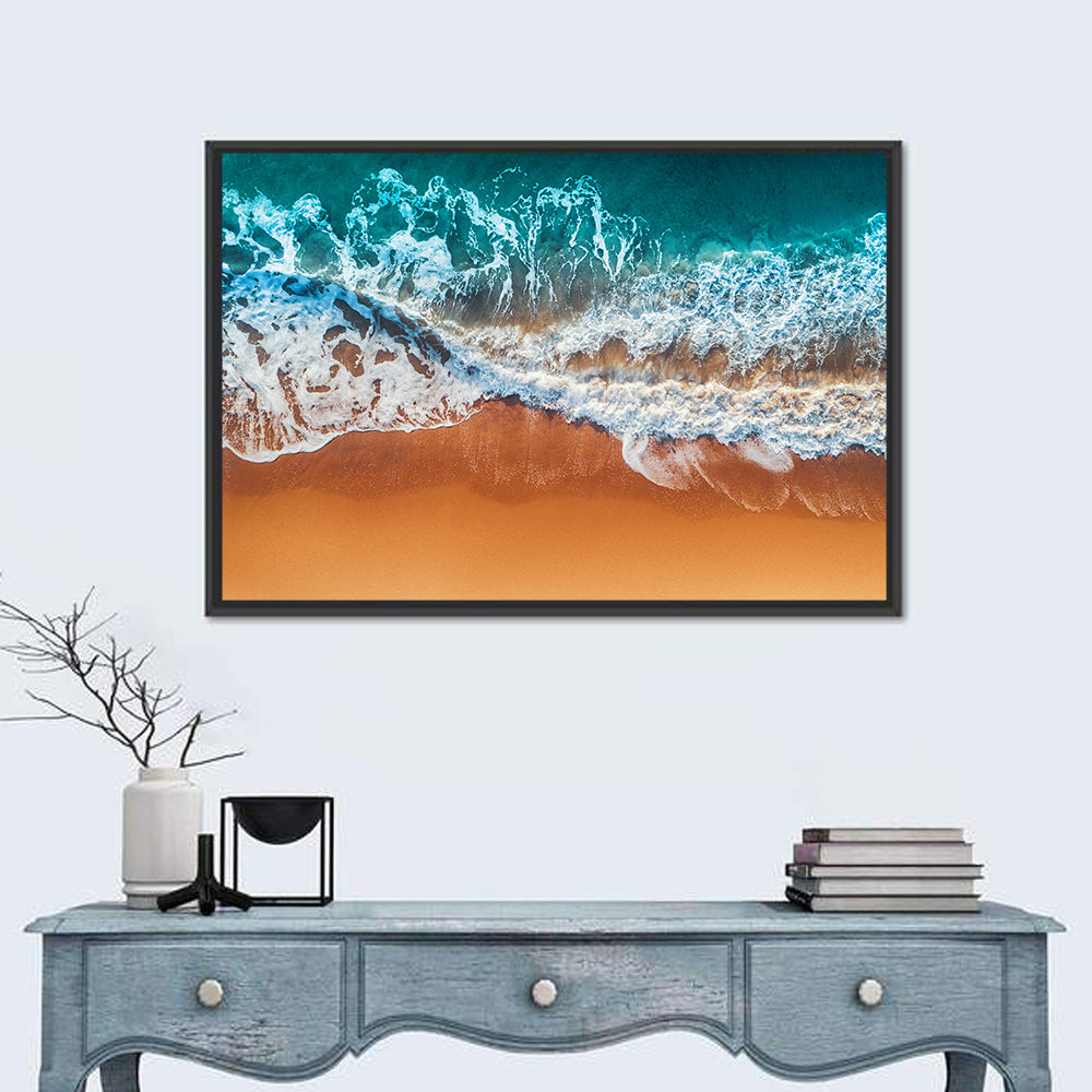 Aerial Beach Waves Wall Art in a room, landscape
