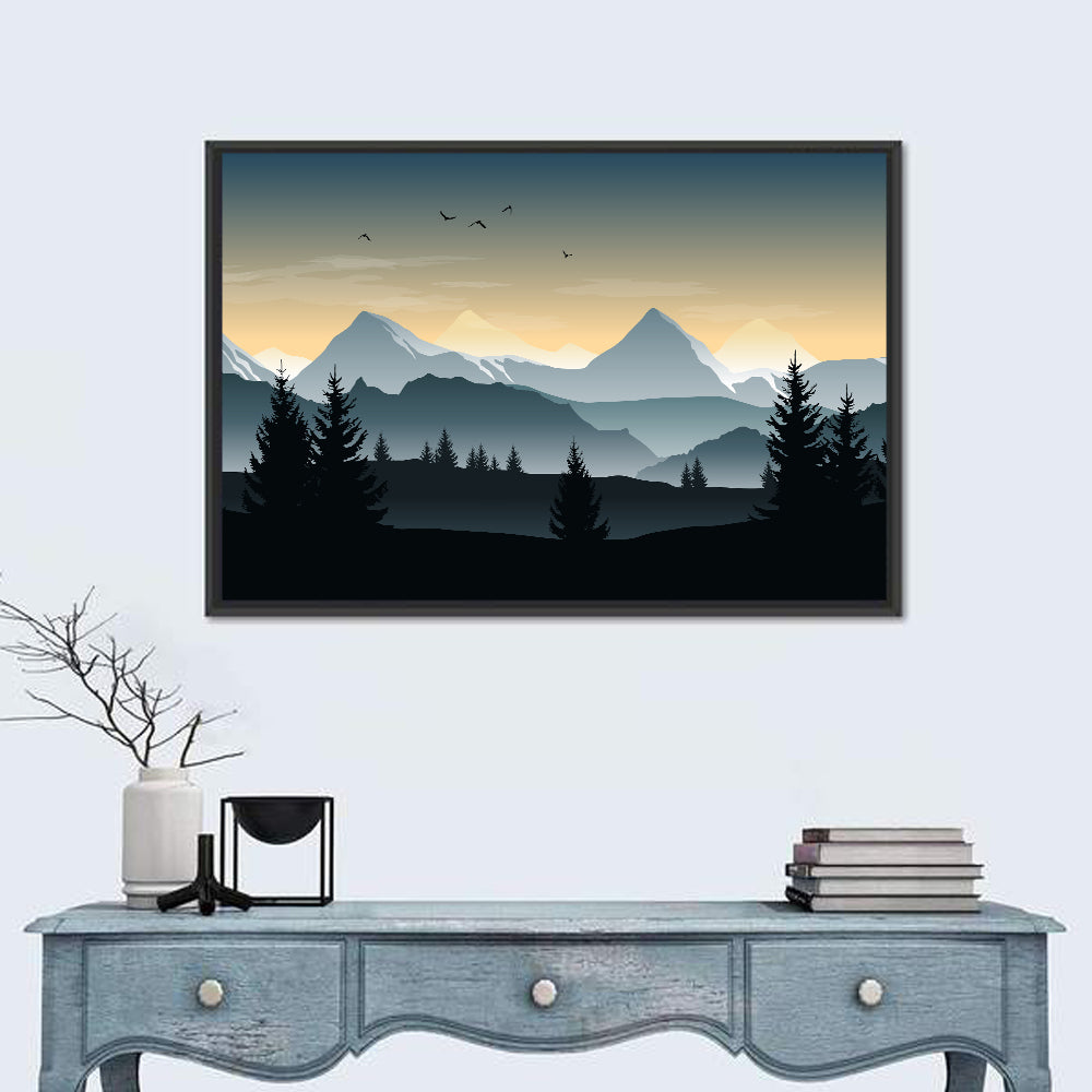 Misty Hills Sunset Silhouette Wall Art in a room, landscape